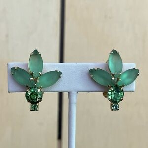 Rhinestone Clip-On Earrings Vintage Green Marquise Shape Gold Tone Prong 1.25"